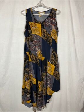 Tamsy Blue and Yellow Floral Patchwork Viscose Midi Dress